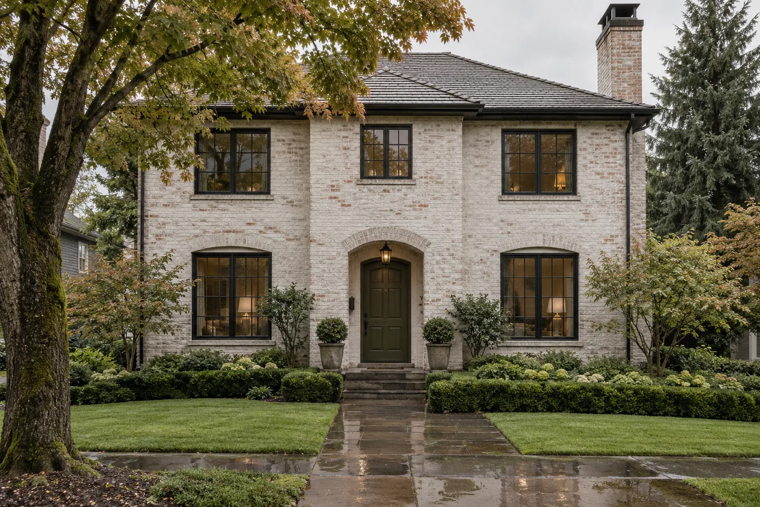 Soft warm-white limewash on a two-story brick house framed by evergreens