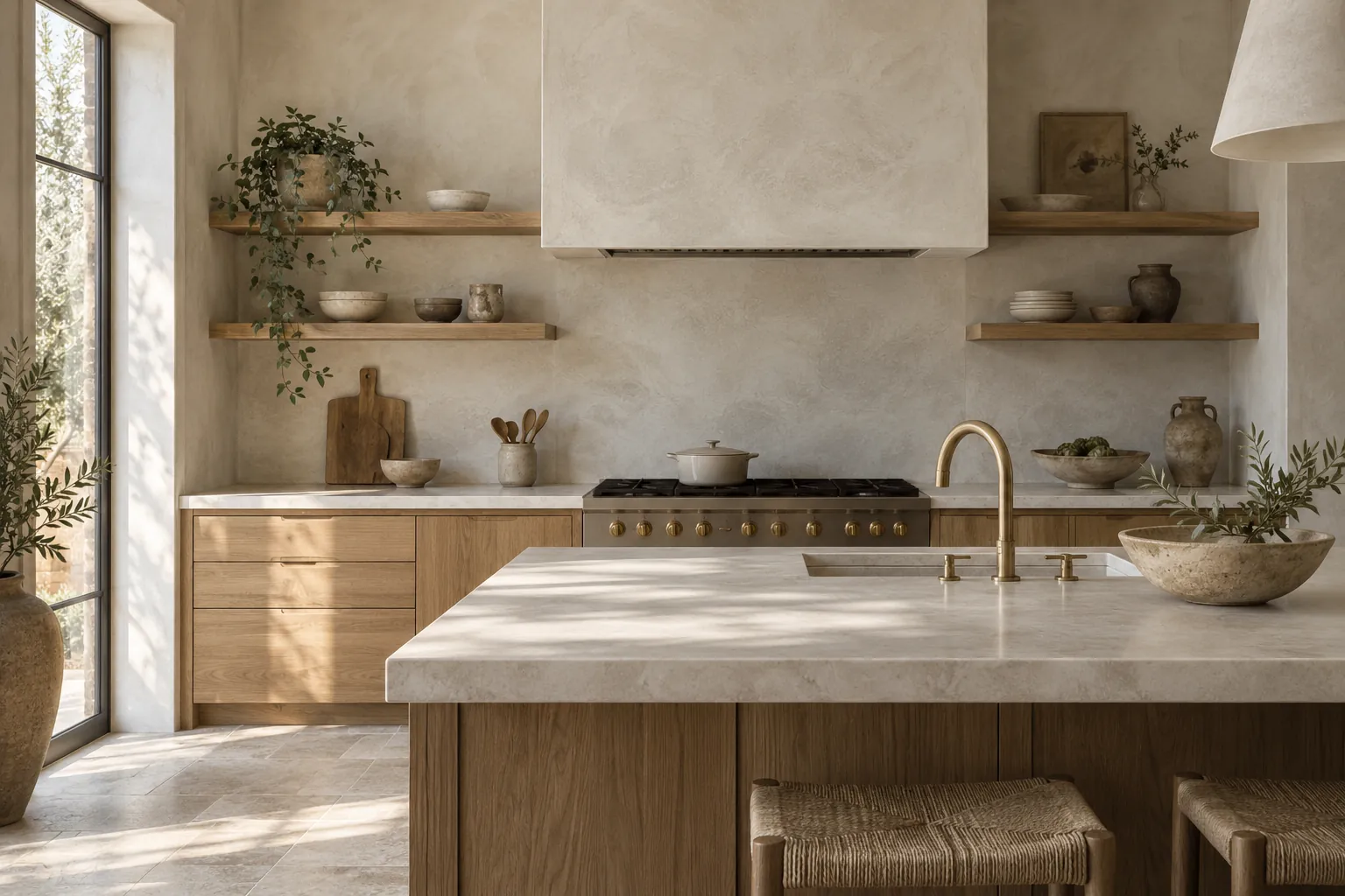 Creamy limewash on a kitchen range hood and the wall behind oak shelving