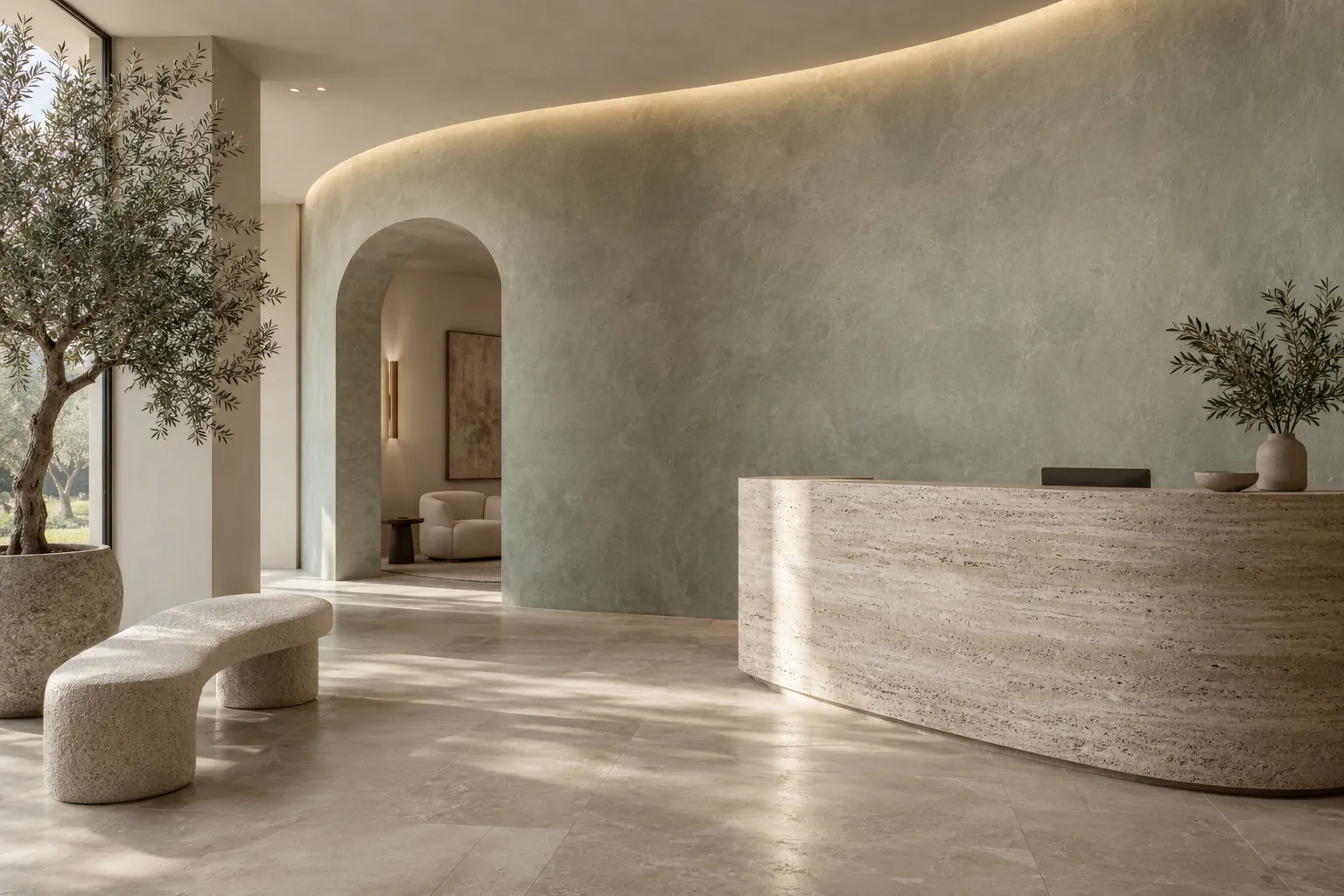 Soft gray-green limewash on a curved lobby wall behind a stone reception desk