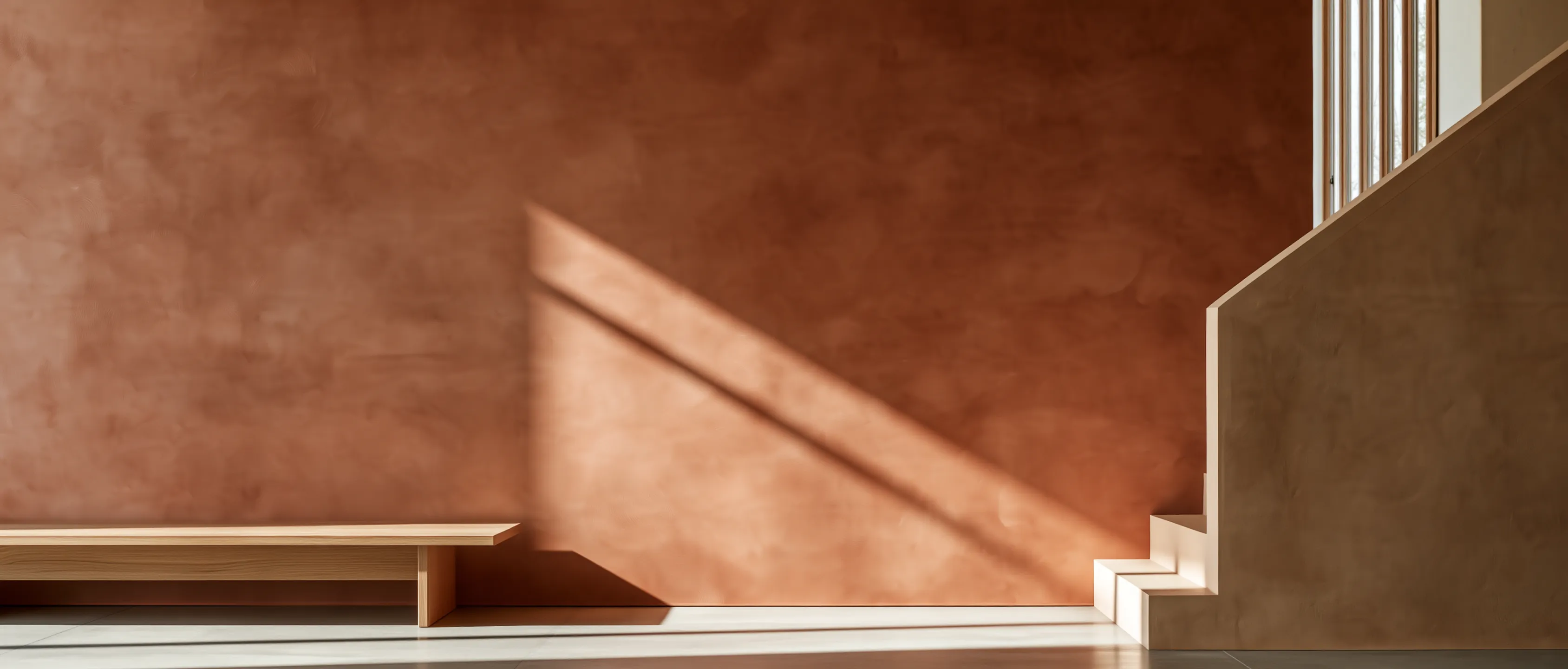 A terracotta limewashed wall with a long oak bench beside a plastered staircase in raking window light