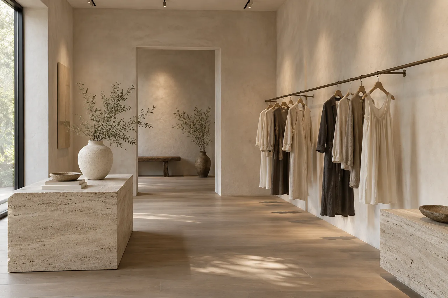 Pale clay limewash walls in a boutique, with a travertine display