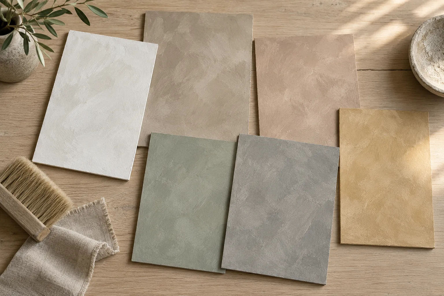 Six brushed limewash sample boards: chalk, greige, clay, sage, stone and ochre