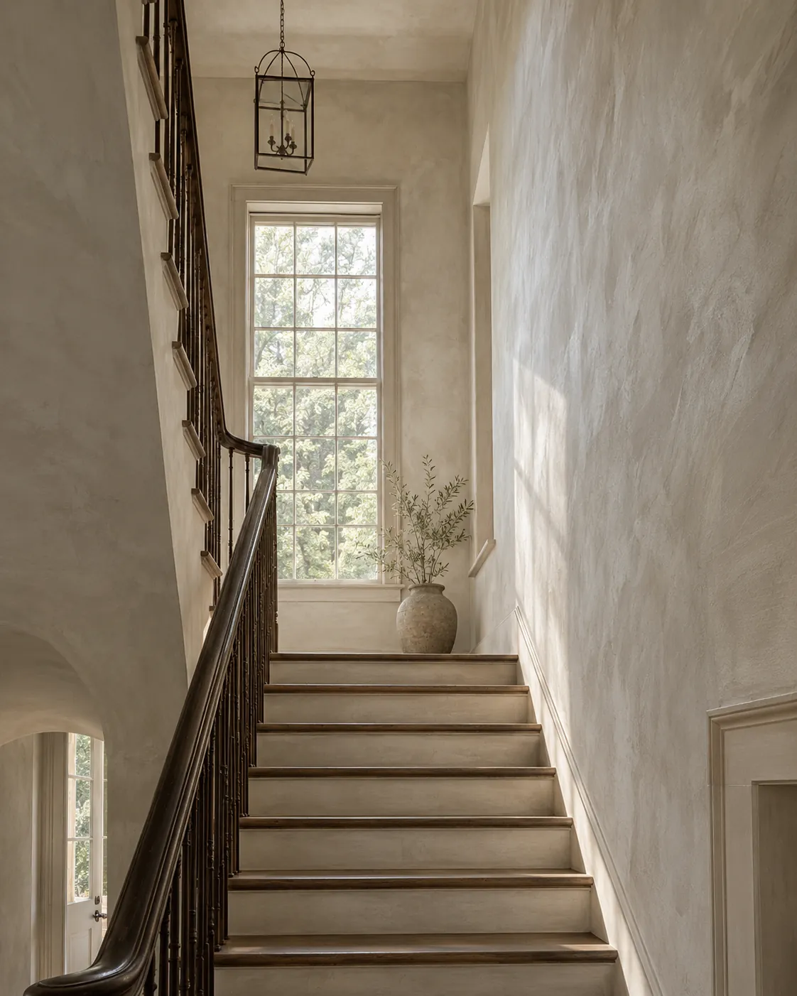 Oatmeal limewash rising up a tall stair hall beside a dark wood handrail